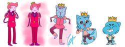  adventure_time age_regression anthro barefoot black_eyebrows black_eyes blue_body cape cartoon_network chaotic_star clothing crown domestic_cat eyebrows felid feline felis gumball_watterson hair humanoid humanoid_to_anthro hypnosis male mammal mind_control open_mouth orange_nose pink_body pink_hair prince_gumball shrinking surprise tail_growth teeth the_amazing_world_of_gumball transformation transformation_sequence 