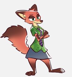  2020 anthro barefoot bernie-buddy bottomwear brown_body brown_fur canid canine clothed clothing crossed_arms disney feet female fox fully_clothed fur green_eyes grey_background mammal mtf_crossgender necktie nick_wilde red_fox rule_63 shirt simple_background skirt smile solo standing topwear true_fox zootopia 