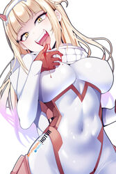  blonde_hair blood blunt_bangs bodysuit boku_no_hero_academia breasts commentary cosplay covered_navel darling_in_the_franxx english_commentary fangs female hand_up highres hot_vr large_breasts licking licking_finger long_hair looking_at_viewer patreon_logo patreon_username pixiv_logo pixiv_username simple_background smile solo teeth toga_himiko tongue tongue_out upper_teeth_only white_bodysuit yellow_eyes zero_two_(darling_in_the_franxx) zero_two_(darling_in_the_franxx)_(cosplay) 