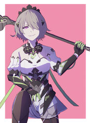  bare_shoulders black_gloves border brown_hair elbow_gloves evil_grin evil_smile female gloves grin hair_over_one_eye hand_on_own_knee highres holding holding_weapon honkai_(series) honkai_impact_3rd looking_at_viewer maid_headdress mask pink_background purple_eyes respirator rita_rossweisse rita_rossweisse_(phantom_iron) scythe short_hair smile solo v-shaped_eyebrows weapon yang_zheng_yu 