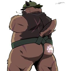  2020 anthro ass belly brown_body brown_fur canid canine canis clothing cute_fangs domestic_dog fur hat headgear headwear hi_res humanoid_hands kemono lifewonders male mammal overweight overweight_anthro overweight_male scar simple_background solo tokyo_afterschool_summoners uokkom white_background yasuyori_(tas) 