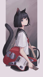  animal_ears black_hair black_sailor_collar black_skirt bob_cut bow bowtie cable cat_ears cat_girl cat_tail electric_guitar female fender_jaguar from_side guitar highres holding holding_cable holding_instrument instrument looking_at_viewer original purple_eyes red_bow red_bowtie sailor_collar school_uniform serafuku shirt short_hair skirt solo tail tail_raised unvrsms white_shirt 