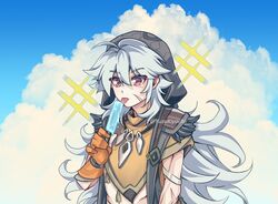  1boy ahoge blue_sky closed_mouth cloud cloudy_sky cumulonimbus_cloud day eyes_visible_through_hair fingerless_gloves food fur_trim genshin_impact gloves gradient_sky grey_hair hair_between_eyes highres holding holding_food hood hood_up jewelry licking long_hair male_focus melting necklace orange_gloves outdoors partially_fingerless_gloves pink_eyes popsicle razor_(genshin_impact) scar scar_on_face sky solo sparkle tongue tongue_out upper_body yuzukiyo 