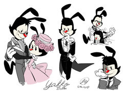  2020 animaniacs anthro bath bite biting_clothing black_body black_clothing black_fur brother_(lore) brother_and_sister_(lore) brothers_(lore) butler clothed clothing dancing digital_media_(artwork) dot_warner dress duo eyewear female flower fur glasses gloves grey_clothing handwear hat headgear headwear hi_res implied_incest inkblot male mammal microminag necktie pink_clothing pink_dress plant red_nose sibling_(lore) signature simple_background sister_(lore) smile suit wakko_warner warner_brothers white_background yakko_warner young 