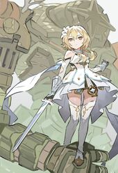  absurdres akaneu blonde_hair closed_mouth detached_sleeves dress female fingerless_gloves flower gauntlets genshin_impact gloves golem hair_flower hair_ornament highres holding holding_sword holding_weapon lumine_(genshin_impact) mecha robot ruin_guard_(genshin_impact) scarf short_hair_with_long_locks standing sword thighhighs weapon white_dress white_flower white_legwear white_scarf yellow_eyes 