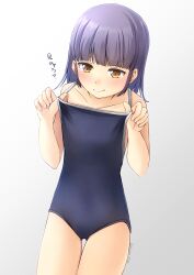  ass_visible_through_thighs blue_hair blunt_bangs brown_eyes collarbone commentary_request competition_school_swimsuit female gradient_background grey_background highres original school_swimsuit shibacha short_hair solo standing swimsuit swimsuit_tug white_background 