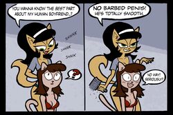  2_panel_comic a_kitty_bobo_show absurd_res accessory anthro bite biting_lip black_hair blush bra breasts brown_hair brush brushing brushing_hair cleavage clothed clothing colored dialogue domestic_cat duo english_text fangs felid feline felis female green_eyes hair hair_accessory hairband hi_res kitty_katswell maggie_(kitty_bobo) mammal mateora nickelodeon panties pantsless pantsless_anthro pantsless_female personal_grooming pupils question_mark red_bra red_clothing red_underwear shirt slit_pupils smile social_grooming speech_bubble styling_hair t.u.f.f._puppy talking_to_another teeth text topwear underwear 