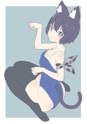  absurdres animal_ear_fluff animal_ears animare aqua_background arm_ribbon ass bad_id bad_twitter_id black_hair black_thighhighs blue_eyes blue_one-piece_swimsuit blush border breasts cat_ears cat_tail chestnut_mouth cleavage clenched_hands closed_mouth collarbone competition_school_swimsuit donguri_suzume embarrassed female flat_color from_side full_body grey_ribbon hair_between_eyes hands_up highres kuroneko_nanashi looking_at_viewer looking_back medium_breasts nanashi_inc. one-piece_swimsuit outside_border parted_bangs paw_pose polka_dot polka_dot_ribbon raised_eyebrows ribbon school_swimsuit simple_background sitting solo straight_hair strap_gap swimsuit tail tail_through_clothes thighhighs thighs torn_clothes torn_swimsuit virtual_youtuber wariza white_border 