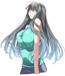  absurdres black_hair blue_eyes blush breasts commentary_request denim embarrassed female genshiken highres jeans kio_shimoku large_breasts long_hair looking_at_viewer mole official_art official_style ohno_kanako pants promotional_art sweat white_background 