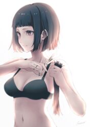  bangs black_bra black_hair blunt_bangs blurry blurry_background bob_cut bra breasts brown_eyes cacaofire cleavage cutting cutting_hair female hair_strand highres holding holding_hair looking_ahead medium_breasts midriff mole mole_under_eye navel original parted_lips scissors severed_hair short_hair signature simple_background underwear upper_body white_background 