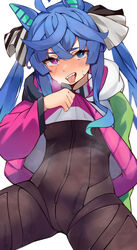  @_@ absurdres ahoge animal_ears black_bodysuit blue_eyes blue_hair bodysuit clothes_lift commentary female hair_between_eyes heterochromia highres hood hoodie hoodie_lift horse_ears horse_girl long_hair long_sleeves looking_at_viewer multicolored_clothes multicolored_hoodie open_mouth pirukusu purple_eyes simple_background solo steaming_body tongue tongue_out twin_turbo_(umamusume) twintails umamusume white_background 