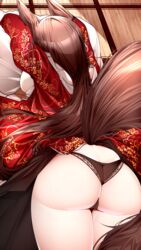  absurdres akagi_(azur_lane) akagi_(dawn_phoenix&#039;s_summons)_(azur_lane) animal_ears ass ass_focus azur_lane backboob breasts brown_panties brown_tail butt_crack female from_above from_behind highres indoors japanese_clothes kimono large_breasts long_hair panties red_kimono samip thighs underwear very_long_hair 