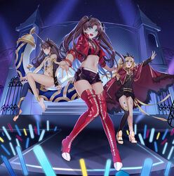  3girls \||/ absurdres aer_(tengqiu) bare_shoulders belt black_dress black_shorts black_thighhighs blonde_hair blue_eyes boots bracelet breasts brown_hair building choker cloak commentary_request crop_top cropped_jacket dress ereshkigal_(fate) fate/grand_order fate_(series) feet fur-trimmed_cloak fur_trim glowstick gold_trim hair_ribbon heavenly_boat_maanna high_heel_boots high_heels highres ishtar_(fate) jacket jewelry long_hair long_legs long_sleeves looking_at_viewer looking_away midriff multiple_girls navel official_alternate_costume open_clothes open_jacket orange_eyes outstretched_arm outstretched_hand parted_bangs race_queen red_cloak red_footwear red_jacket revealing_clothes ribbon short_shorts shorts siblings single_thighhigh sisters sitting small_breasts spread_fingers stomach thigh_boots thighhighs thighs toeless_legwear tohsaka_rin tohsaka_rin_(type-moon_racing) two_side_up 