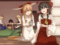  5girls alice_margatroid apron bat_wings black_hair blonde_hair blue_hair bow closed_eyes cup detached_sleeves drawer hair_tubes hairbow hakurei_reimu highres holding holding_cup horns ibuki_suika kappougi kirisame_marisa long_hair multiple_girls orange_hair remilia_scarlet ribbon seiza short_hair sitting smile table terimayo touhou wings yellow_ribbon 