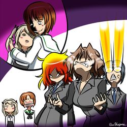  5girls alternate_hair_color anger_vein angry azumi_(girls_und_panzer) black_jacket black_neckerchief black_ribbon black_skirt blank_eyes blouse blue_necktie bow bowtie breasts brown_hair cleavage dress_shirt eye_beam frown girls_und_panzer glasses glowing glowing_hair grey_hair grimace hair_ribbon half-closed_eyes imagining jacket jitome kogane_(staygold) light_brown_hair long_sleeves lowres megumi_(girls_und_panzer) military military_uniform multiple_girls neckerchief necktie nishizumi_miho no_shirt one-hour_drawing_challenge one_side_up ooarai_school_uniform open_mouth parted_bangs ribbon round_eyewear rumi_(girls_und_panzer) school_uniform selection_university_military_uniform serafuku shaded_face sharp_teeth shimada_arisu shirt skirt smile smirk smug sweatdrop teeth twitter_username uniform v-shaped_eyebrows white_shirt 