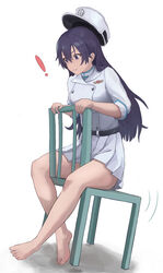  ! absurdres aisumegane bambietta_basterbine barefoot belt black_belt black_eyes black_hair bleach bleach:_sennen_kessen-hen breasts commentary doyagao eyelashes feet female full_body hair_between_eyes hat highres holding_chair jacket knees_apart_feet_together large_breasts legs light_blush long_hair long_sleeves looking_down military_hat military_uniform miniskirt motion_lines nose on_chair parted_lips pleated_skirt rocking simple_background sitting sitting_backwards skirt sleeves_rolled_up smug solo surprised thighs toes uniform unworn_headwear v-shaped_eyebrows wandenreich_uniform white_background white_hat white_jacket white_skirt 