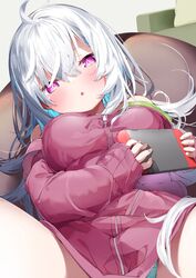  :o ahoge bare_shoulders blue_hair blush breasts commentary_request female hair_between_eyes highres holding jacket kamioka_shun&#039;ya long_hair long_sleeves looking_at_viewer lying medium_breasts multicolored_hair nintendo_switch off_shoulder on_back original parted_lips purple_eyes red_jacket shiori_(kamioka_shun&#039;ya) sleeves_past_wrists solo spread_legs two-tone_hair very_long_hair white_hair 