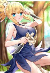  blonde_hair blue_dress blue_eyes blush breasts dr._stone dress female highres holding holding_knife holding_weapon knife kohaku_(dr._stone) large_breasts looking_at_viewer mizukoshi_(marumi) open_mouth ponytail solo tree weapon 