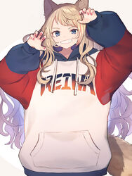  animal_ears arms_up blonde_hair blue_eyes claw_pose clothes_writing drawstring female fox_ears fox_girl fox_tail grin jacket long_hair long_sleeves looking_at_viewer nail_polish original puffy_sleeves raglan_sleeves red_nails reiwa shugao simple_background smile solo tail upper_body white_background white_jacket 