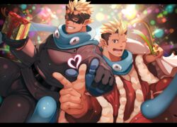  2boys absurdres alternate_costume back-to-back bara black_hair blonde_hair blue_scarf blush christmas clone commentary_request crow_(siranui) eye_mask gift highres horns jiraiya_(housamo) looking_at_viewer male_focus multicolored_hair multiple_boys muscular muscular_male oni pectorals pointing pointing_at_viewer pointy_ears santa_costume scarf short_hair sideburns skin-covered_horns smile tokyo_afterschool_summoners two-tone_hair undercut 