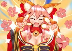  absurdres alternate_costume animal_ear_fluff animal_ears animal_hands auglish bare_shoulders bell breasts cat_paws cleavage closed_eyes collar commentary_request double_v emotional_engine_-_full_drive facing_viewer fangs fate/grand_order fate_(series) female fox_ears fox_girl gloves hair_ribbon hands_up highres jingle_bell large_breasts neck_bell off_shoulder open_mouth parody paw_gloves pink_hair red_ribbon ribbon solo sparkle tamamo_(fate) tamamo_cat_(fate) tamamo_cat_(first_ascension)_(fate) v v_over_eye yellow_background 