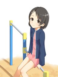  arm_support bad_id bad_twitter_id black_hair blue_cardigan blush brown_eyes cardigan commentary_request dress female flat_chest hair_ornament hairclip highres idolmaster idolmaster_cinderella_girls inactive_account legs long_sleeves looking_at_viewer outdoors pink_dress playground sasaki_chie shin_(shincrz) short_hair sitting smile solo thighs 