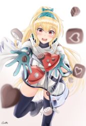  artist_name black_bodysuit blonde_hair blush bodysuit bow candy chocolate female food gamryous girls&#039;_frontline gloves green_hairband hairband hairbow heart heart-shaped_chocolate highres jacket long_hair looking_at_viewer multicolored_clothes multicolored_gloves ponytail red_eyes russian_flag scarf smile solo sv-98_(girls&#039;_frontline) sv-98_(mod3)_(girls&#039;_frontline) thighhighs turtleneck valentine white_jacket white_scarf 