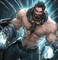  1boy abs bara beard black_eyes black_hair black_pants collar cowboy_shot dopey_(dopq) energy facial_hair glowing grin highres league_of_legends looking_at_viewer male_focus metal_collar muscular muscular_male pants pectorals short_hair smile solo sylas_(league_of_legends) teeth topless_male 