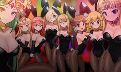  6+girls alternate_costume animal_ears backpack bag black_gloves black_legwear black_leotard blonde_hair blue_eyes blunt_bangs bob_cut bow bowtie breasts brown_eyes brown_hair cleavage company_connection cowboy_shot crown detached_collar earrings elbow_gloves forehead_jewel gloves green_eyes green_hair hair_over_one_eye highres jewelry kid_icarus kid_icarus_uprising large_breasts laurel_crown leotard long_hair mario_(series) medium_breasts metroid multiple_girls mythra_(xenoblade) neck_ring nintendo palutena pantyhose parted_bangs playboy_bunny ponytail princess_daisy princess_peach princess_zelda pyra_(xenoblade) rabbit_ears rabbit_tail red_bow red_bowtie red_eyes red_hair rosalina samus_aran short_hair strapless strapless_leotard super_smash_bros. swept_bangs tail the_legend_of_zelda the_legend_of_zelda:_a_link_between_worlds tiara very_long_hair wrist_cuffs xenoblade_chronicles_(series) xenoblade_chronicles_2 yellow_eyes zetsuei_(zetto) 