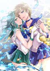  2girls abe_hikaru bishoujo_senshi_sailor_moon blue_choker blue_eyes blue_skirt brown_hair choker collarbone commentary gloves green_choker green_eyes green_hair green_skirt highres interlocked_fingers kaiou_michiru leotard long_hair looking_at_another looking_at_viewer magical_girl multiple_girls open_mouth outer_senshi pleated_skirt sailor_neptune sailor_senshi sailor_senshi_uniform sailor_uranus short_hair skirt smile ten&#039;ou_haruka tiara water white_gloves yuri 