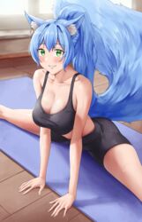  animal_ear_fluff animal_ears bare_arms bare_shoulders black_shorts blue_hair blush breasts cleavage collarbone female green_eyes large_breasts long_hair looking_at_viewer original ponytail sarhce shorts sleeveless solo split spread_legs straddle_split tail thighs yoga yoga_mat 