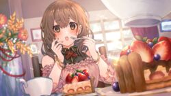  :o bangle bare_shoulders black_shirt blueberry blurry blurry_background blush bracelet brown_eyes brown_hair cake cake_slice charlotte_cake collared_shirt commentary_request cup depth_of_field female flower food fork fruit hair_between_eyes hands_up holding holding_fork indoors jewelry long_sleeves off-shoulder_shirt off_shoulder open_mouth orange_flower original pie pie_slice pink_shirt red_flower shikino_yuki shirt sleeveless sleeveless_shirt solo strawberry teeth upper_body upper_teeth_only window 