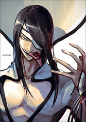  1boy artist_name black_hair bleach cleavage_cutout clothing_cutout commentary_request crazy_smile eyepatch hand_up k-suwabe long_hair looking_at_viewer nnoitra_gilga nose shirt sidelighting sidelocks simple_background smile solo spread_fingers straight_hair teeth tongue tongue_out tongue_tattoo upper_body white_background white_shirt 