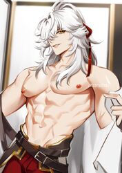  1boy abs archieloras belt black_belt cowboy_shot hair_over_eyes highres honkai:_star_rail honkai_(series) jing_yuan long_hair looking_at_viewer male_focus mole muscular muscular_male navel nipples pants pectorals red_pants smile solo teeth white_hair yellow_eyes 