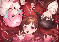  #unicus_(idolmaster) 3girls alternate_costume anoa antenna_hair black_hair blue_hair brown_hair candy chocolate finger_ribbon food heart_ribbon holding holding_candy holding_food idolmaster idolmaster_cinderella_girls looking_at_viewer lying multicolored_hair multiple_girls on_back pink_hair sunazuka_akira tsujino_akari two-tone_hair upside-down yumemi_riamu 