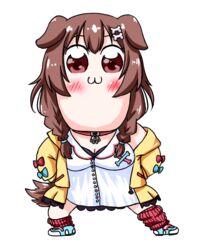  :3 animal_collar animal_ears bkub_(style) blush bone_hair_ornament breasts brown_eyes brown_hair cleavage collar commentary_request dog_ears dog_girl dog_tail female hair_ornament hairclip hololive inugami_korone inugami_korone_(1st_costume) long_hair omochi_(chirori01) parody poptepipic poptepipic_pose solo style_parody tail transparent_background virtual_youtuber 