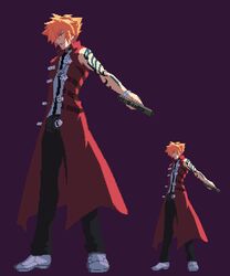  1boy arm_tattoo bare_shoulders coat dh_ead dies_irae gun handgun holding holding_gun holding_weapon male_focus open_clothes open_coat open_mouth orange_hair pixel_art purple_background red_coat shinza_bansho_series simple_background smile solo standing tattoo weapon white_footwear yusa_shirou 