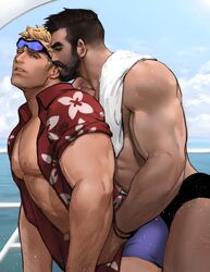  2boys bara bare_pectorals beard black_hair black_male_swimwear blonde_hair blue_male_swimwear bracelet cloud dark-skinned_male dark_skin day dopey_(dopq) facial_hair goggles goggles_on_head grabbing grabbing_from_behind grillmaster:_76 hawaiian_shirt highres interracial jewelry large_pectorals looking_at_another male_focus male_swimwear moustache multiple_boys muscular muscular_male nipples official_alternate_costume open_clothes open_shirt outdoors overwatch overwatch_1 paid_reward_available parted_lips pectorals reaper_(overwatch) shirt short_hair sideburns sky soldier:_76_(overwatch) swim_trunks towel towel_on_one_shoulder undercut yaoi 