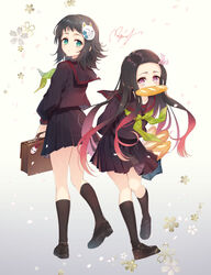  2girls aqua_eyes bad_id bad_pixiv_id bag baguette black_footwear black_legwear black_sailor_collar black_serafuku black_shirt black_skirt bread character_mask cherry_blossoms commentary food food_in_mouth forehead fox_hair_ornament fox_mask from_behind full_body gradient_background gradient_hair green_neckerchief hair_ornament hair_ribbon holding holding_bag kamado_nezuko kimetsu_gakuen kimetsu_no_yaiba kneehighs loafers long_sleeves looking_at_viewer looking_back makomo_(kimetsu) mask mask_on_head medium_hair multicolored_hair multiple_girls neckerchief parted_lips pink_eyes pink_ribbon pleated_skirt ribbon rupinesu sailor_collar school_bag school_uniform serafuku shirt shoes signature skirt sleeve_cuffs socks 