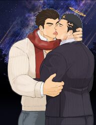  2boys alternate_costume ass bara beard_stubble black_hair black_suit blush breath brown_sweater closed_eyes commentary_request commission contemporary couple facial_hair formal french_kiss from_side grabbing_another&#039;s_arm halo hand_on_another&#039;s_neck harada_(basashi) highres kissing large_pectorals long_sideburns male_focus mature_male multiple_boys muscular muscular_male mustache_stubble official_alternate_costume pants pectorals protagonist_3_(housamo) red_scarf saliva scarf second-party_source short_hair sideburns skeb_commission striped_clothes striped_pants striped_suit stubble suit sweater thick_eyebrows tokyo_afterschool_summoners tongue tongue_out watermark winter_clothes yaoi zabaniyya_(fashionista_suit)_(housamo) zabaniyya_(housamo) 