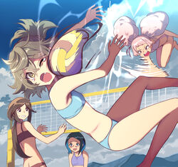  4girls afro_puffs ball beach beach_volleyball bikini black_hair blue_eyes blue_hair brown_eyes brown_hair chuatury_panlunch felsi_rollo gundam gundam_suisei_no_majo highres multicolored_hair multiple_girls nika_nanaura oerba_yun_fang outdoors petra_itta pink_hair ponytail spiking swimsuit syope tears two-tone_hair volleyball volleyball_(object) volleyball_net 