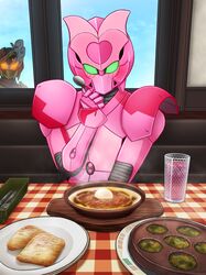  2girls absurdres animification blush bowl commentary_request crossover cup doria_(food) drink drinking_glass food hetareman highres holding holding_spoon indoors kamen_rider kamen_rider_sabela kamen_rider_saber_(series) kikai_sentai_zenkaiger looking_at_viewer magine meal multiple_girls peeking_out plate restaurant saizeriya sitting spoon super_sentai tray 