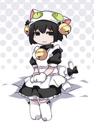  animal_hands animal_hat apron bell black_bow black_dress black_eyes black_hair blush_stickers bob_cut bow cat_feet cat_hat cat_paws cat_tail collar commentary cosplay dejiko dejiko_(cosplay) di_gi_charat dress empty_eyes female gloves hair_bell hair_ornament hairbow halftone halftone_background hammer_(sunset_beach) hat jingle_bell light_smile looking_at_viewer lowered_eyelids maid monogatari_(series) neck_bell oshino_ougi short_hair sitting smug solo tail tail_bow tail_ornament white_apron white_footwear white_gloves white_hat white_tail 