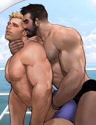  2boys arm_hair bara beard black_hair black_male_swimwear blonde_hair blue_male_swimwear blush bracelet chest_hair closed_eyes closed_mouth cloud dark-skinned_male dark_skin day dopey_(dopq) facial_hair grabbing grabbing_from_behind hand_on_another&#039;s_neck highres interracial jewelry large_pectorals male_focus male_swimwear moustache multiple_boys muscular muscular_male nipples outdoors overwatch overwatch_1 paid_reward_available parted_lips pectorals reaper_(overwatch) short_hair sideburns sky soldier:_76_(overwatch) swim_trunks undercut yaoi 