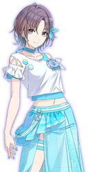  ahoge asakura_toru badge black_hair blue_choker blue_eyes blue_nails blue_shirt blue_skirt breasts choker cowboy_shot female gradient_hair idolmaster idolmaster_shiny_colors medium_breasts multicolored_hair nail_polish navel official_art shirt short_hair short_sleeves skirt smile tachi-e thigh_strap tomari_(veryberry00) transparent_background white_shirt 