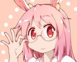  absurdres adjusting_eyewear animal_ears arm_up bespectacled closed_mouth collared_shirt cosplay female glasses highres long_hair looking_at_viewer majormilk nonohara_yuzuko nonohara_yuzuko_(cosplay) pink_hair rabbit_ears red_eyes reisen_udongein_inaba rimless_eyewear shirt smile solo teeth touhou upper_teeth_only white_shirt yuyushiki 