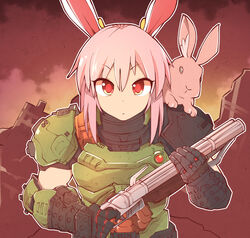  absurdres animal_ears armor commentary cosplay daisy_(doom) doom_(series) doom_eternal doomguy doomguy_(cosplay) double-barreled_shotgun double_barrels english_commentary expressionless female gun highres looking_at_viewer majormilk pink_hair praetor_suit rabbit rabbit_ears red_eyes reisen_udongein_inaba shotgun touhou tsurime upper_body weapon 