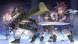  2boys black_gloves candlestand cape chrono_trigger commentary crono_(chrono_trigger) female frog_(chrono_trigger) frog_boy glasses gloves gun headband holding holding_gun holding_shield holding_sword holding_weapon katana lucca_ashtear multiple_boys pillar purple_hair red_hair sasumata_jirou scabbard sheath shield signature spiked_hair sword walking weapon 