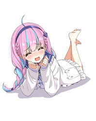  absurdres ahoge asanaya barefoot blue_hair blush braid cardigan clenched_hands closed_eyes feet female hairband hand_to_own_mouth highres hololive legs_up long_hair lying minato_aqua minato_aqua_(sailor) multicolored_hair official_alternate_costume on_stomach open_mouth pink_hair simple_background smile soles solo the_pose toes twin_braids twintails two-tone_hair virtual_youtuber white_background white_cardigan 