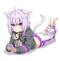  :3 absurdres ahoge animal_collar animal_ear_fluff animal_ears asanaya barefoot black_shirt cat_ears cat_tail cellphone clothing_cutout collar feet feline female highres hololive legs_up lying midriff nekomata_okayu nekomata_okayu_(1st_costume) on_stomach panties pants panty_peek phone pink_panties purple_eyes purple_hair shirt short_hair simple_background smartphone smile tail tail_through_clothes temari_(nekomata_okayu) the_pose toes underwear virtual_youtuber white_background white_pants 